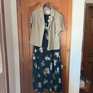 Danny & Nicole Black and Cream Floral Dress with Tan Jacket